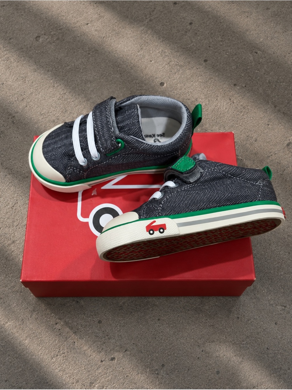 see kai run Stevie II Kids Grey Denim-Style Canvas Sneakers with Green Trim